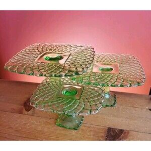 3 LE Smith & Rose Trellis Green Glass Square Pedestal Cake Stands Handmade USA